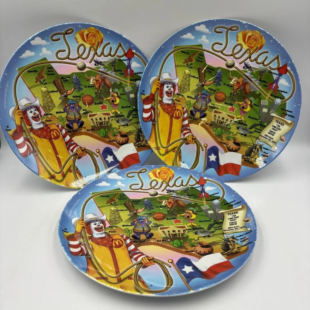 Vintage 2003 McDonald's Texas Map Ronald McDonald Colorful Plastic Plates Set 3‎
